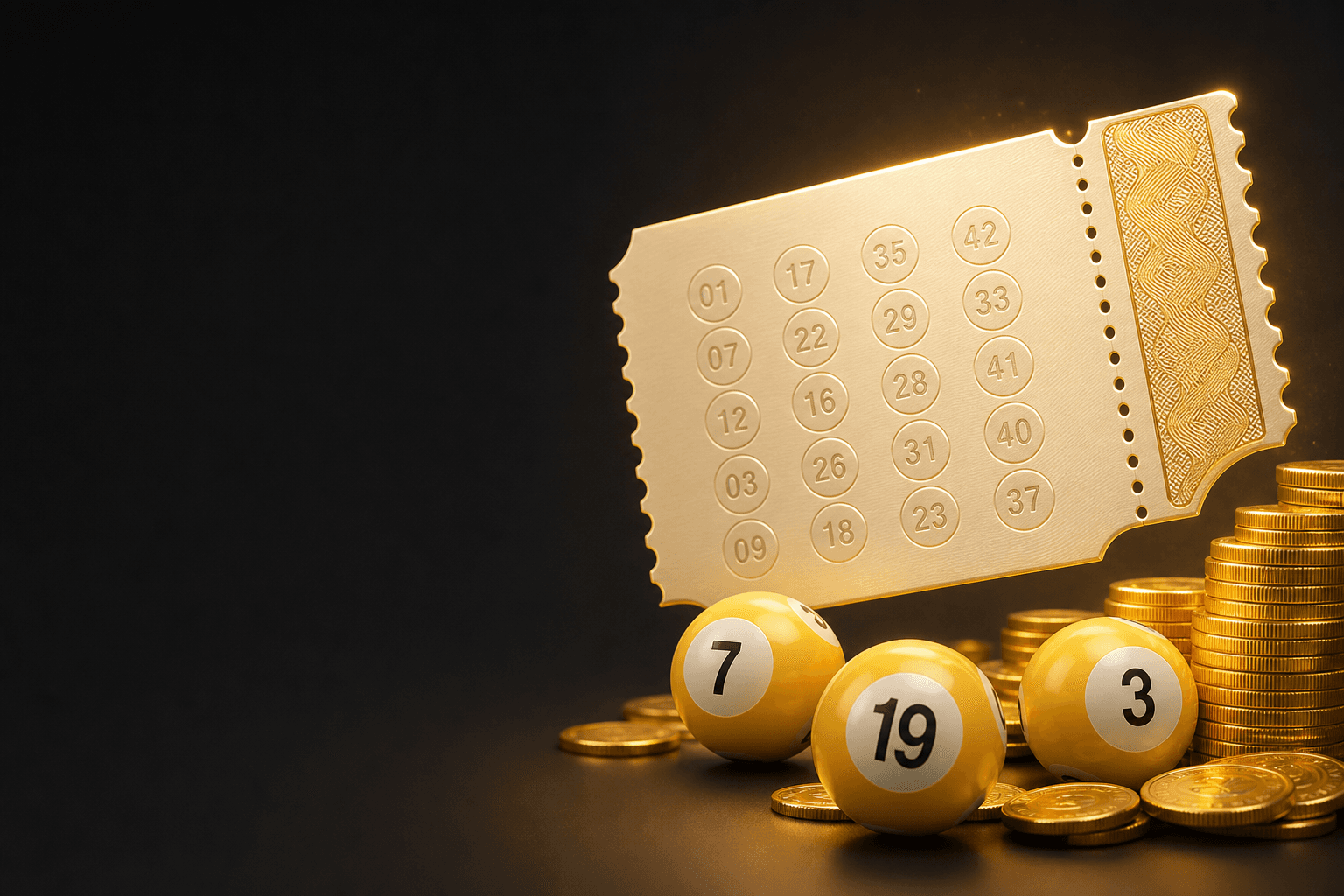 Golden lottery balls and gold coins on a dark background